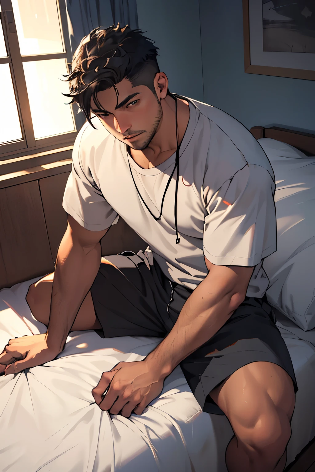 (photorealism:1.2), I am a young man from Santiago with dark skin waking up at 5:30 in the morning