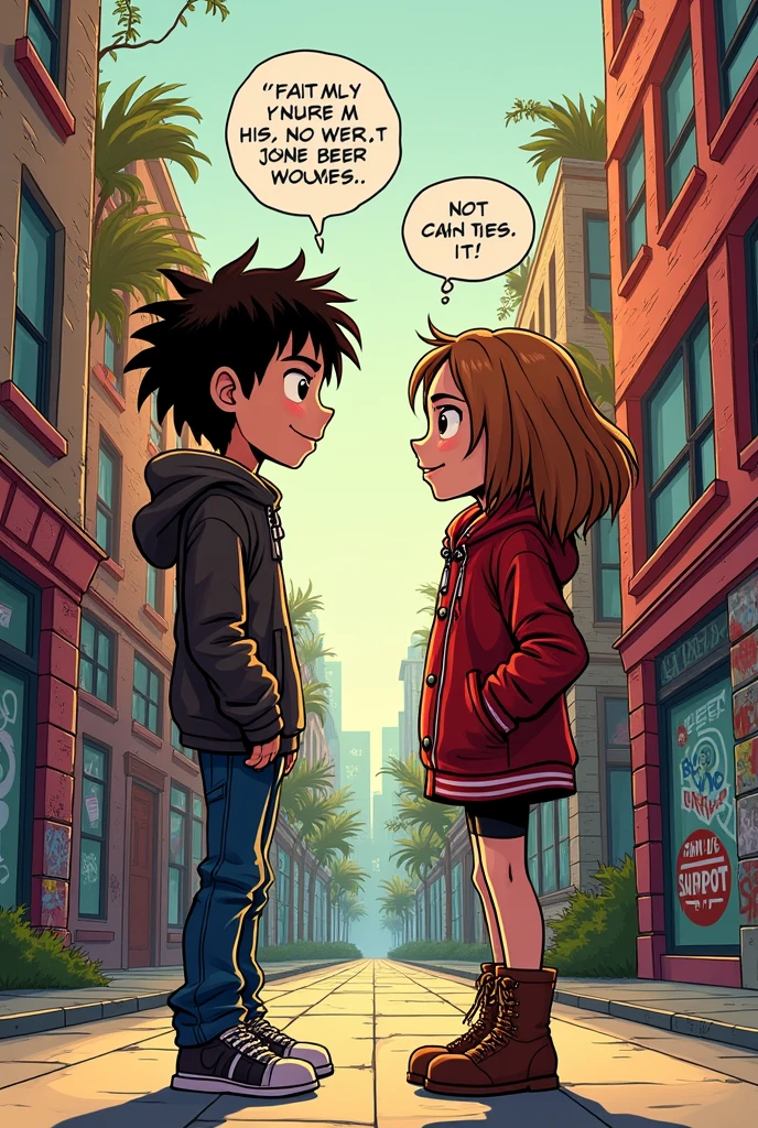 A drawing about a scene from Scott Pilgrim, the dark brown haired boy and the light brown haired girl, both in the style of the Scott Pilgrim comic