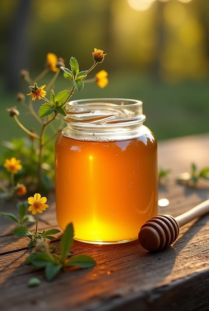 Jar of honey on a wooden table