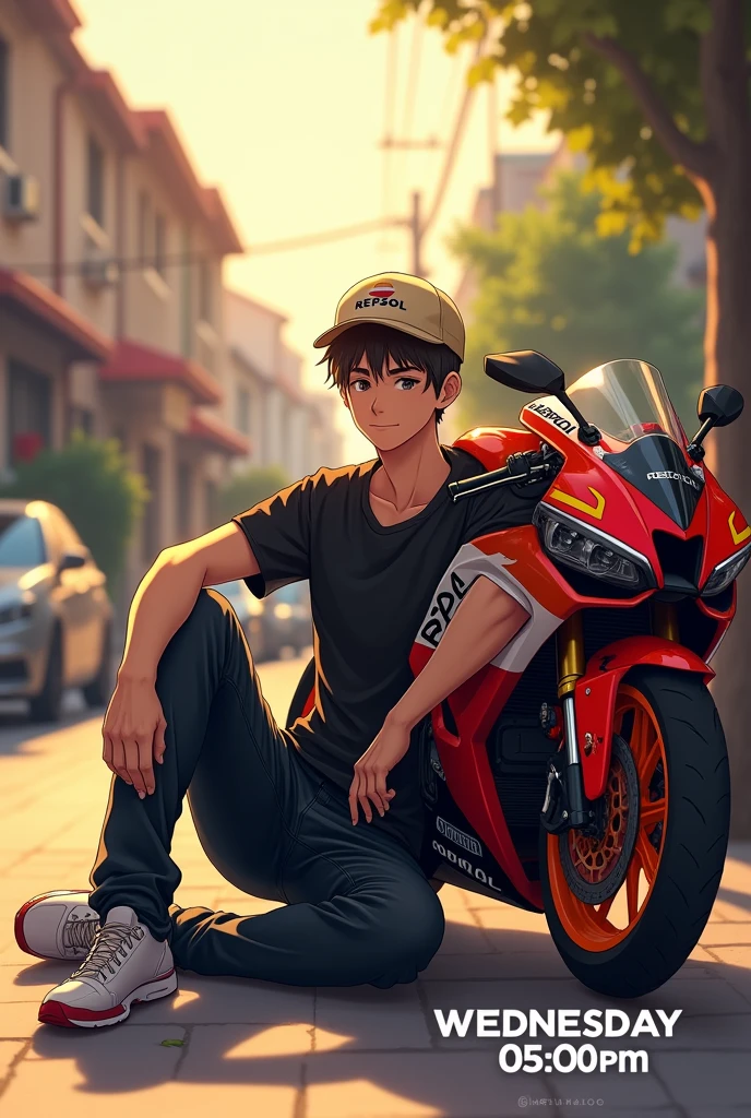 The image shows a young man sitting on the ground, leaning his back against a motorcycle. The motorcycle, which appears to be a Honda with Repsol decoration, It has red details, Black and white with Beta brand logos and other decals. The young man is dressed in a black t-shirt, Dark jeans and a beige or light brown cap. 

The setting appears to be a street or an outdoor location, with some houses and a car parked in the background. The sunlight is warm, which creates a warm tone effect in the image, with shadows suggesting that it is dusk or early morning. In the lower right corner, The text indicates "Wednesday 05:00 pm", which suggests that the image was taken at that time on a Wednesday. in anime