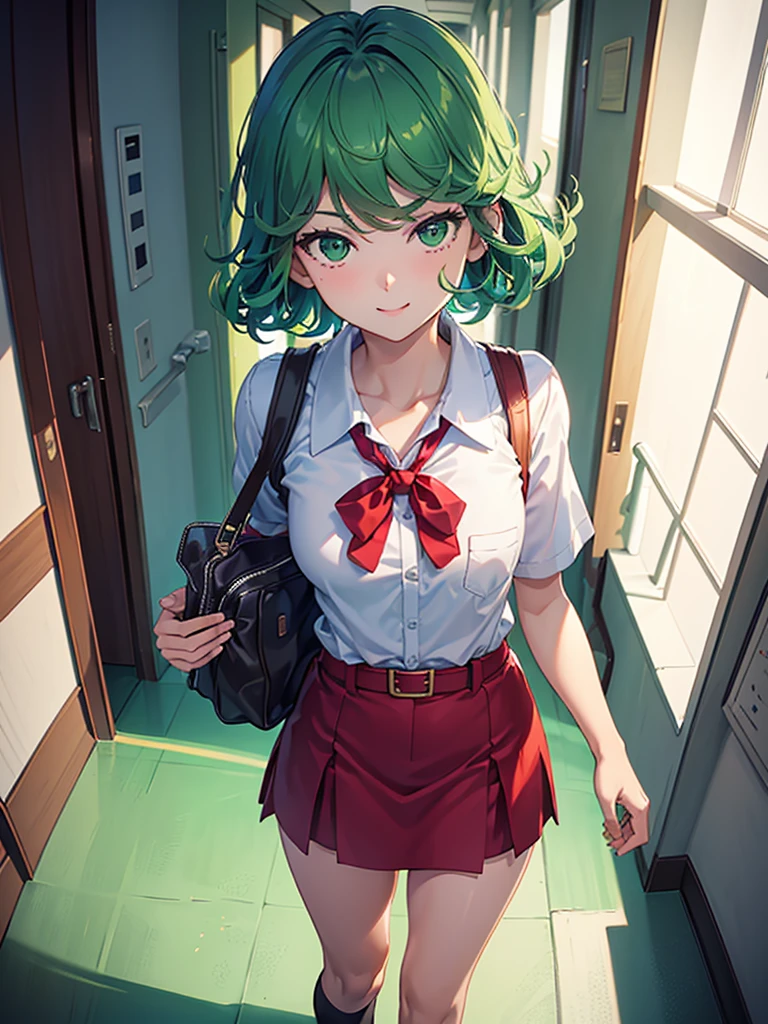(high res, 8K, masterpiece, looking at viewer, best quality, very aesthetic, ultra detailed, ultra background, ultra Eyes, Realistic Eyes), intricate details, 1girl, Tatsumaki, Green Short Hair, Green Eyes, short sleeved white shirt, Smile Face, pocket on left chest, wearing a red tie, red short skirt, wear a belt, carry a bag, walking in the school hallway, lots of people,Background school hallway, School, Cinematic Angle