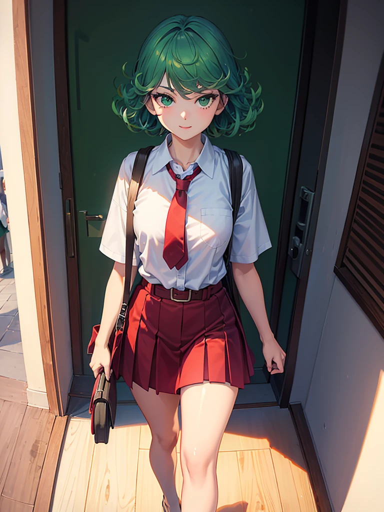 (high res, 8K, masterpiece, looking at viewer, best quality, very aesthetic, ultra detailed, ultra background, ultra Eyes, Realistic Eyes), intricate details, 1girl, Tatsumaki, Green Short Hair, Green Eyes, short sleeved white shirt, Smile Face, pocket on left chest, wearing a red tie, red short skirt, wear a belt, carry a bag, walking in the school hallway, lots of people,Background school hallway, School, Cinematic Angle