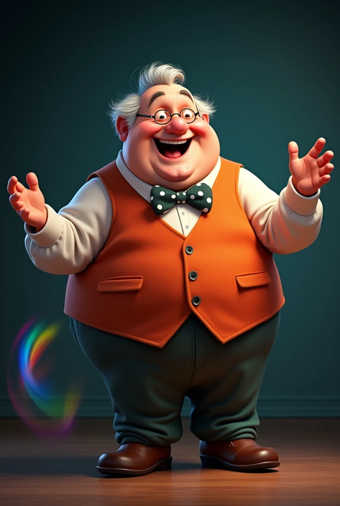 A short, overweight, chubby man of about 60 years of age. Generally dressed in cloth with a vest and a polka dot bow tie on a dark background., Animated