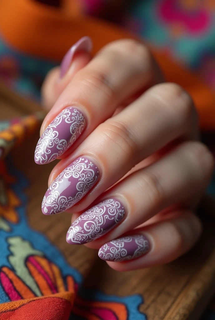 Wine-colored almond-shaped nails with a Talavera design in lilac and white 
