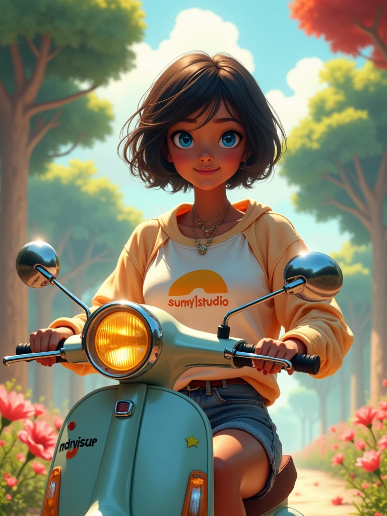 a 20 year girl, wearing beautiful casual clothes, wearing a shirt written sunny1studio, riding a scooter 🛴, short hair, blue eyes, brown skin, highest quality, fantasy