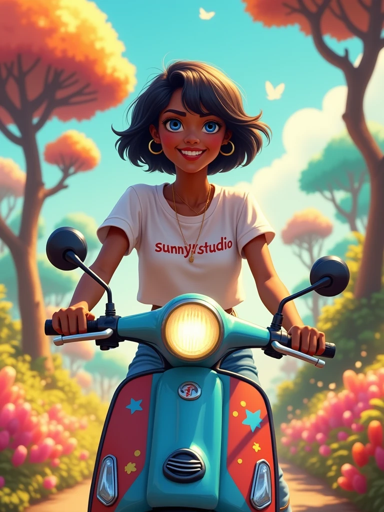 a 20 year girl, wearing beautiful casual clothes, wearing a shirt written sunny1studio, riding a scooter 🛴, short hair, blue eyes, brown skin, highest quality, fantasy