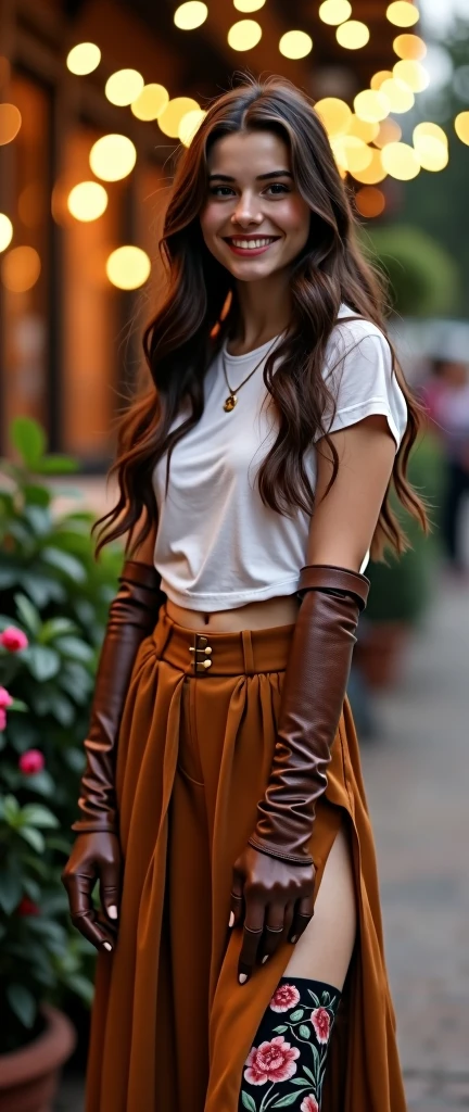 beautiful high detailed photo of a
italian brunette long hair adolescent in long and large leather gloves above the elbow and wearing (color embroidered very long thigh high boots) and wearing a simple t shirts and long skirt with slit . standing on a date . she is kind.
