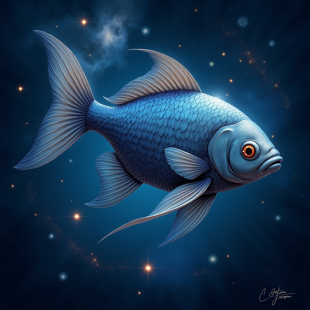 Pisces swimming in the sea of stars, Fantasy, (Highest quality,4K,8k,High resolution,masterpiece:1.2),Very detailed,(Realistic,photoRealistic,photo-Realistic:1.37),Very detailedPisces, Detailed outline of Pisces, Pisces swimming in the starry night sky, beautiful Fantasy landscape, Fantastic and dreamy, Shining Star, Vibrant colors, Dramatic lighting, Intricate details