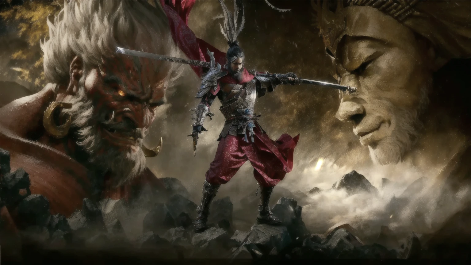 There was a man with a sword in his hand, 4k highly detailed digital art, Artstation Contest Winners, ZBrush Center Competition Winners, artstation 4k, 3D Rendering Character Art 8k, arte de fantasia 8k, Inspired by Hu Zaobin, ArtStation masterpieces, Demon Samurai Warrior, zrush contest winners, 4k fantasy art