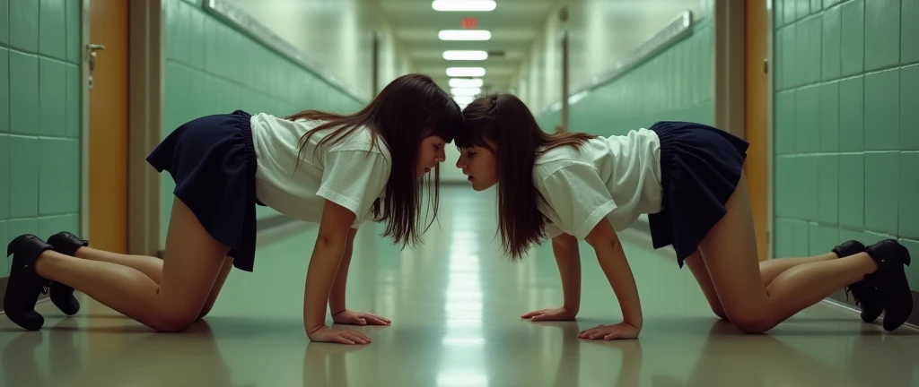 (photorealism:1.2), highschool hallway, women ((16 yo/midteen girls)) crawl over each other on all fours (wrestling) wearing tight uniforms and microskirts. Their eyes are wide open and gaze aimlessly - their expressions slacked-jawed and salivating too such extent as to be visible to the POV. Some press their mouths together while the others gaze vacantly in their direction. Tiny beads of sweat trickle down their skin. In a dreamlike euphoria, they arch their backs.