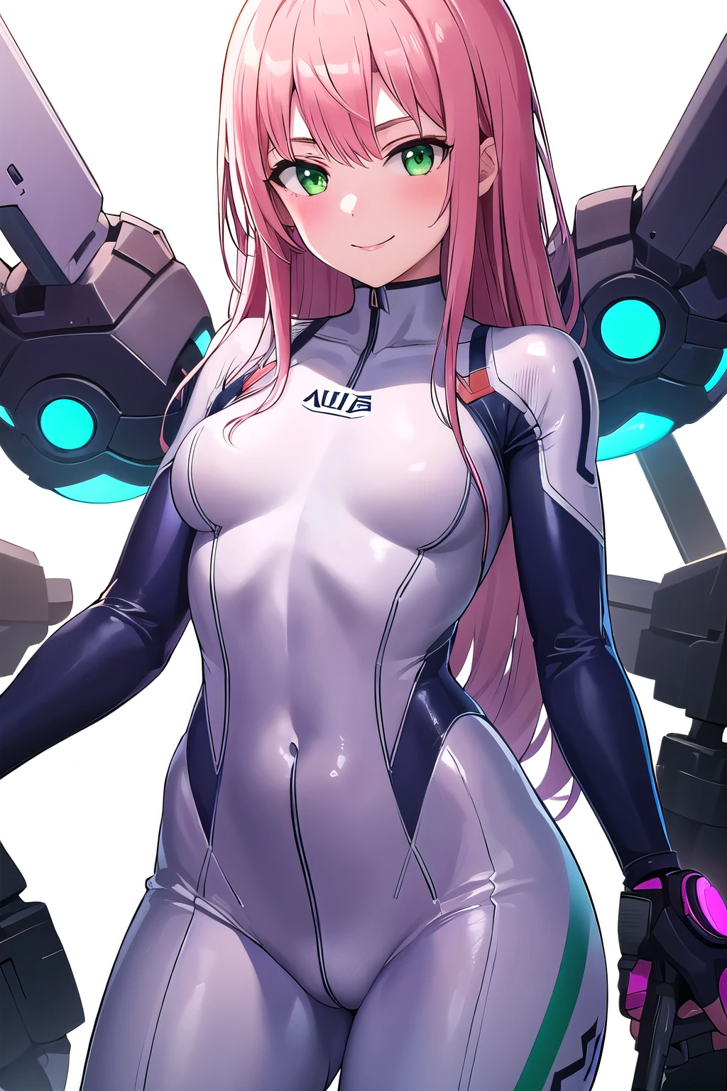 1girl,Samus aran,solo,green eyes, pink hair, forehead hair, white zero suit,white body suit,purple stripes,cowboy shot,blush,,Science fiction,ultra-detailed,sharp focus,aesthetic,(best quality), white background, smile
