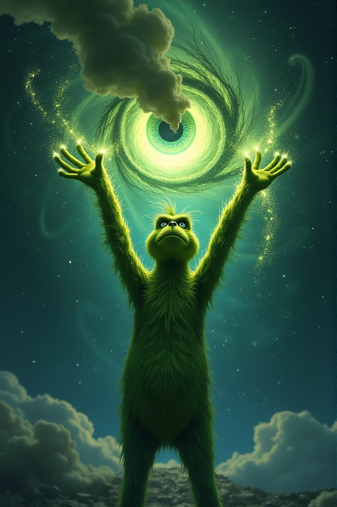 Make the grinch by raising his hands while making energy coming out of his hands and looking at the dark sky with a cosmic dark eye, around the eyes there is black smoke