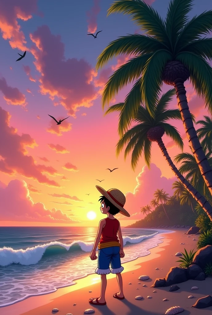 Luffy looking at the sky on the beach