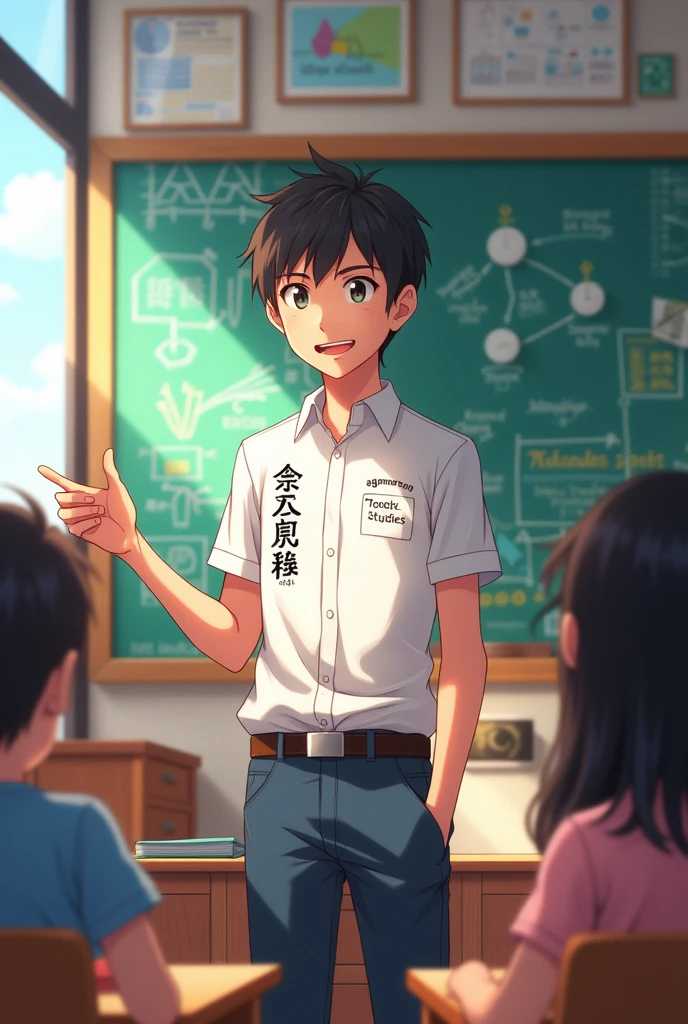 male character classroom anime shirt written in Portuguese Aghamenon Toberlock Studies