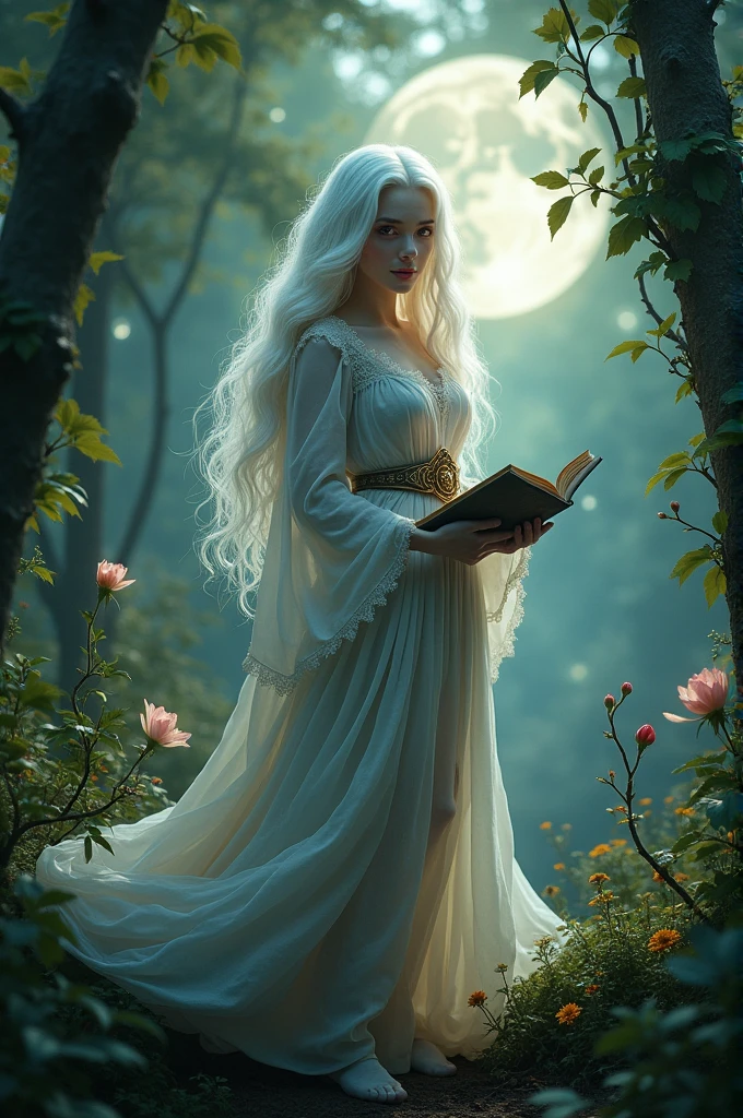 an albino girl, not so thin and well proportioned in the hips and bust. that she is a witch and has long hair with some waves, red eyes
