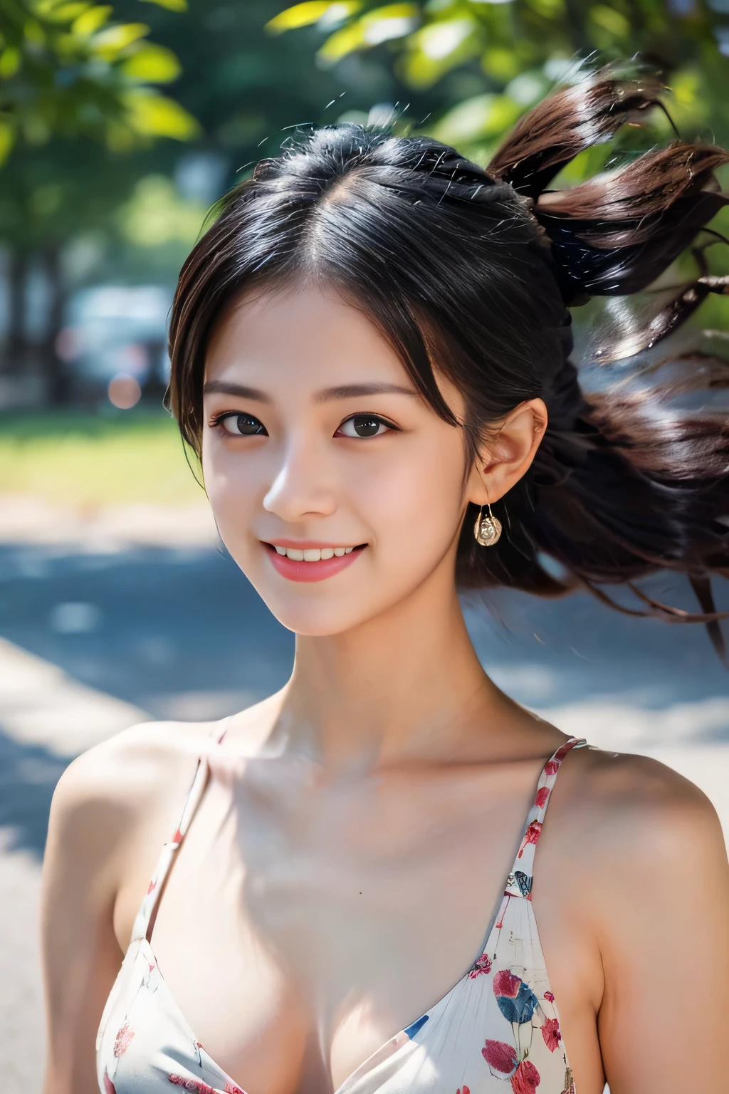 (masterpiece,Highest quality:1.4),(8k,RAW Photos,Photorealistic:1.4),(Glowing Skin),Detailed skin,Detailed face,Detailed eyes,Sparkling eyes:1.3,Symmetrical eyes,(Detailed 2024teen ),Ultra-detailed backgrounds,Detailed hands,One person, Japanese Idols,Natural Breasts,,,,pretty charming, ((Beautiful Face)),sexy Instagram style,Great location,smile,upper body,,Browsing Caution,Hair blowing in the strong wind, Strong Wind Slicked Back