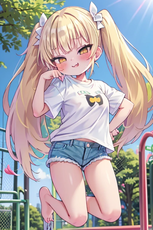 blush, sunlight, sunny, flowers, on a park, mesugake expression, ((mesugake expression at lens)) long hair, bows on pigtails, white bows, (Female teen, golden blond hair in pigtails, green, eyes, fair skin), (white oversized t-shirt), (short denim shorts), mesugake face, barefoot, ((At a childrens playground)), bratty, spoiled, oversized t-shirt, sassy pose