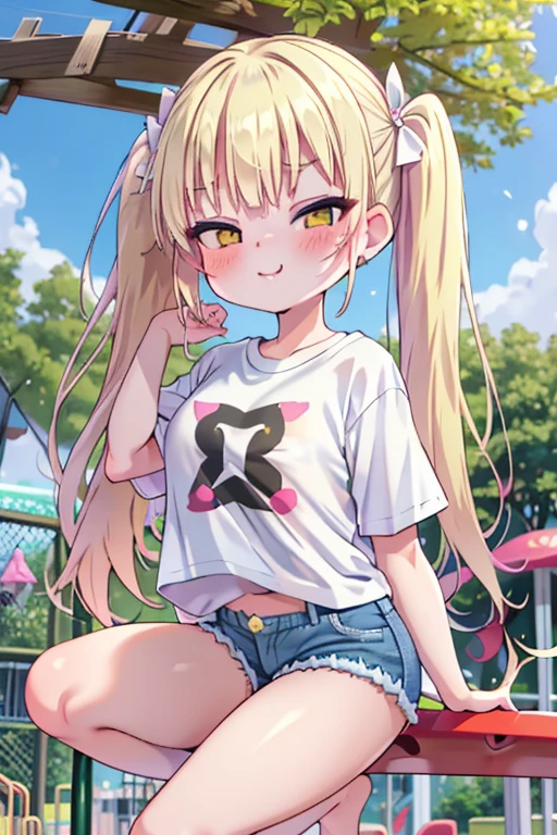 blush, sunlight, sunny, flowers, on a park, mesugake expression, ((mesugake expression at lens)) long hair, bows on pigtails, white bows, (Female , golden blond hair in pigtails, green, eyes, fair skin), (white oversized t-shirt), (short denim shorts), mesugake face, barefoot, ((At a childrens playground)), bratty, spoiled, oversized t-shirt, sassy pose