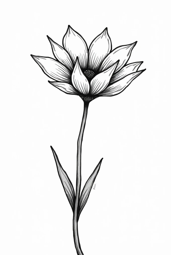 Hand drawn flower drawing in paint by a beginner in black and white