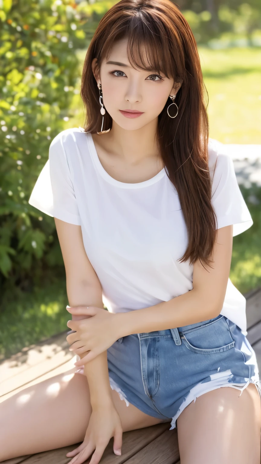 (Vibrant, High resolution:1.3), 1. Have a perfect body, Highly detailed face and eyes,Long Hair,,(White short T-shirt、String,,,Brown Skin、Have sunburn marks、 Sexy pose),,Full body shot