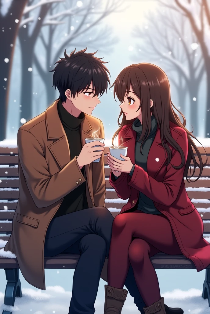 An anime man with black hair and dark maroon Eyes and he is sitting on a bench with an anime woman with long middle brunette hair and dark brown eyes  and the woman is wearing a maroon winter outfit and the man is wearing a brown winter outfit and they are drinking coffee