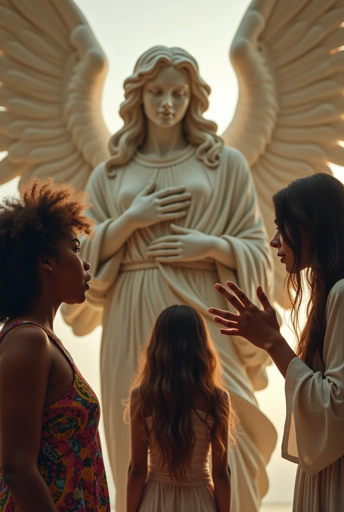 A captivating scene featuring three people interacting with a majestic angel statue with wings. The first person on the left has curly hair and is wearing a patterned top, looking surprised. The second person in the middle has long, wavy hair and is dressed casually, gazing intently at the angel. The third person on the right has straight hair and is wearing a white outfit, making a gesture with their hands. The background is softly lit, emphasizing the intricate details of the angel sculpture and the emotional expressions of the individuals.