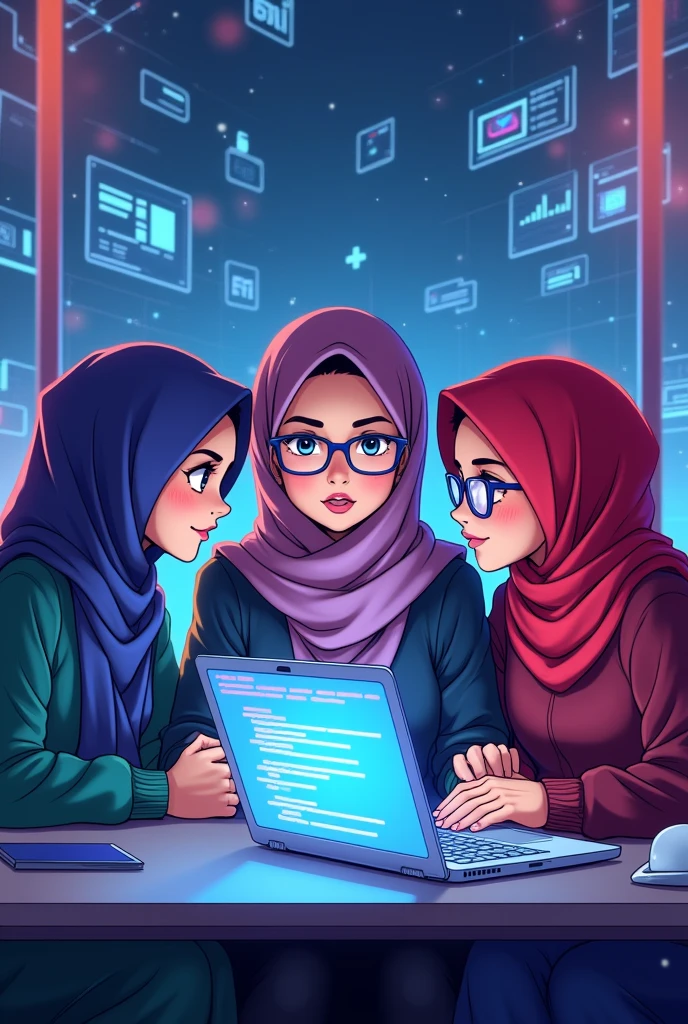 Three of hijab women with one of them is chubby and they are working on coding and search about cyber security in anime version.