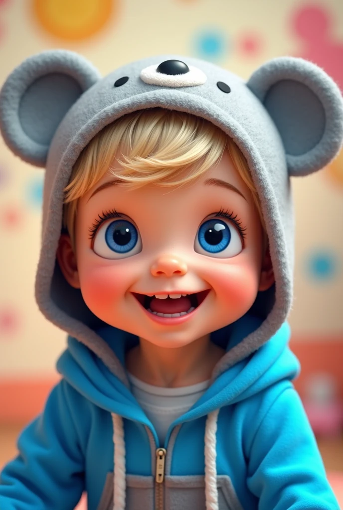 baby boy. He has light skin, short light blond hair with bangs. Blue eyes. He is smiling brightly. he is wearing a gray hat with bear face. He is wearing a blue hoodie with in mickey mouse aesthetics. Character should be colorful and have a fun, friendly look, with exaggerated, expressive features. Big expressive eyes and smiling mouth. Pixar style
