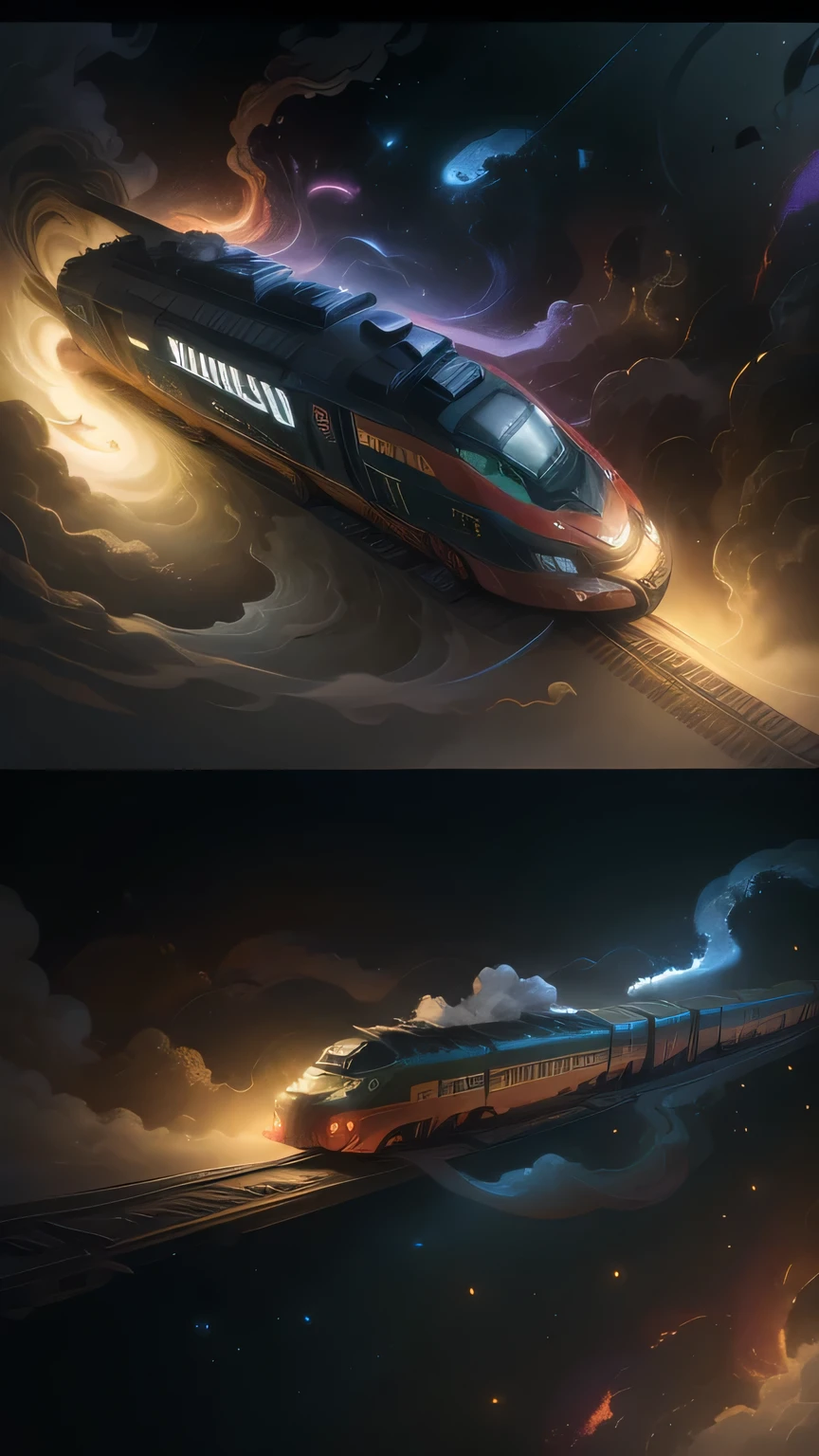 Fantasy,8k,Extremely detailed, masterpiece,High resolution,Highest quality,Increase the resolution,Cinema Lighting,Different space,4 dimensional world,Night on the Galaxy Express,cyber-,Steam locomotive type,A spaceship pulling multiple passenger cars,Maneuvering with Ether,30-car train、Run through the space zone,Numerous stars,Many Galaxies,Milky Way,Cruising at the speed of light,Seeing the Earth in the distance,Super Express,Going to Andromeda,Wide angle of view,Vision,Floating in the air,In the dazzling light,Extremely colorful,The whole carriage is visible,S-shaped,Rail of light,999,colorful cloud nebula