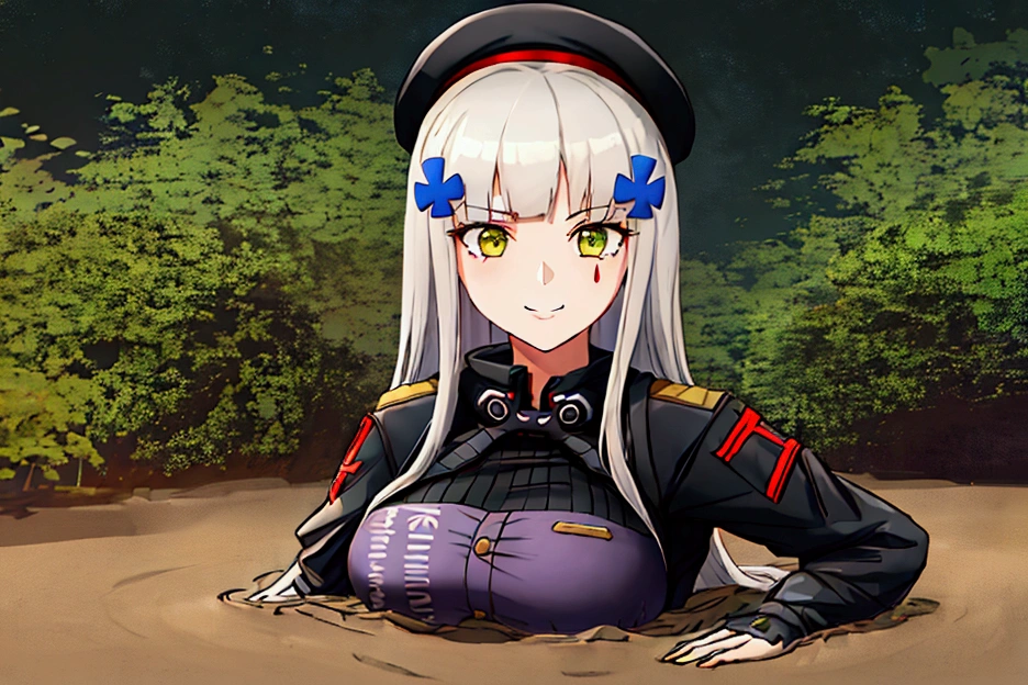 1girl, solo, hk416, huge breast, military uniform, partially submerged, in mud, flooding up to the chest, upper body, jungle, seductive smile, anime face, hands behind head,