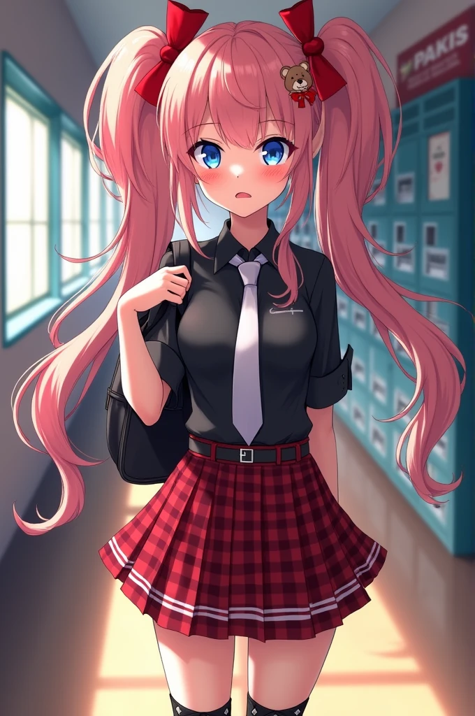 Junko Enoshima, long rose gold hair, 1 girl in, two-tailed, Alone, blue eyes,, fringe, bear hair ornament, (Red Claw), red ribbons, black shirt, underwear, a choker, black bra, chest neckline, clavicle, rolled up sleeves, white tie, Red skirt with pleated checkered print., (student clothes), Black cross lace knee boots, Glossy, shiny hair, school landscape, school hallway, School windows, Tsundere、kawaii、Get angry、blush、opening your mouth、a backpack、beautiful hands、Index fingers、(toenails)、(Red Claw), free poses.
