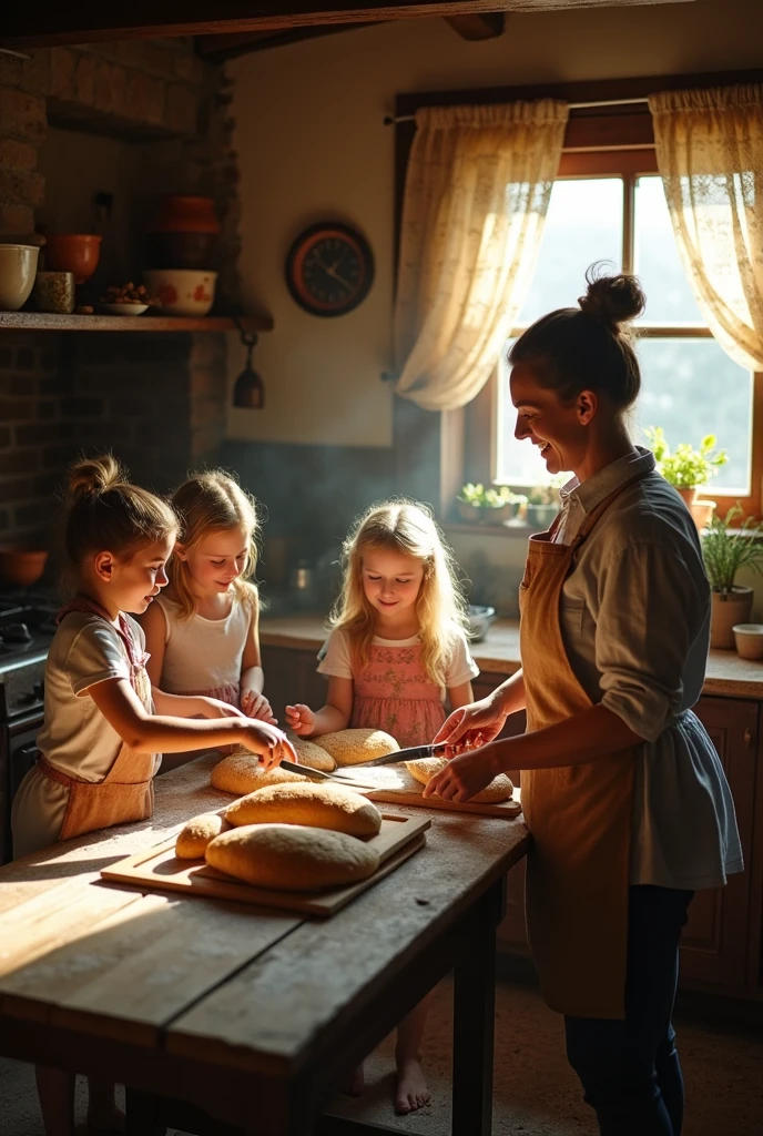 family making sliced bread in old oven