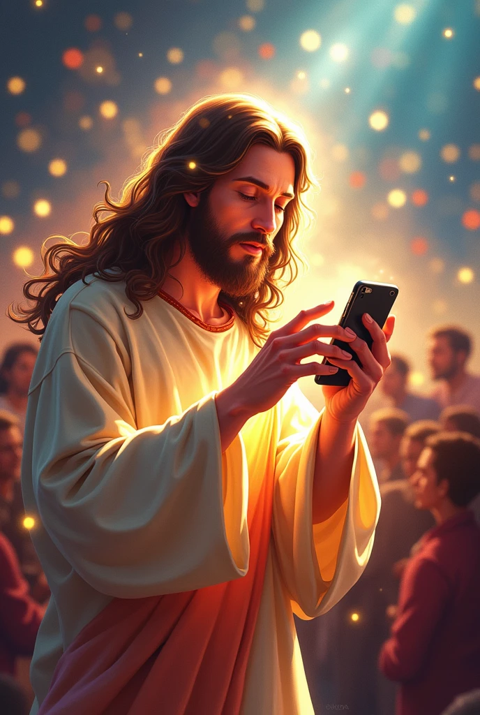 Jesus Christ performing live on his mobile phone, Highly detailed digital painting, Anime realism style, 4K Painting, Realistic anime 3D style  