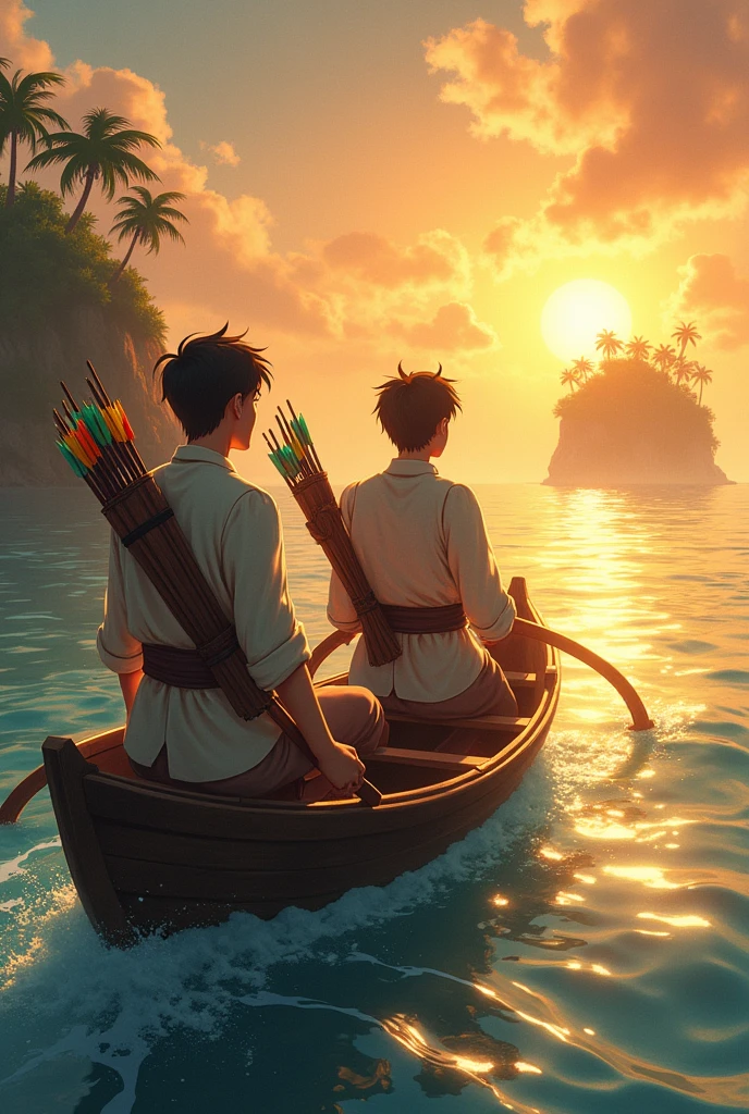 Anime, 2 young gentleman adults, carrying a beautiful bow and arrow, crossing the sea, looking at the Island, and a sun scenery, make it more realistic