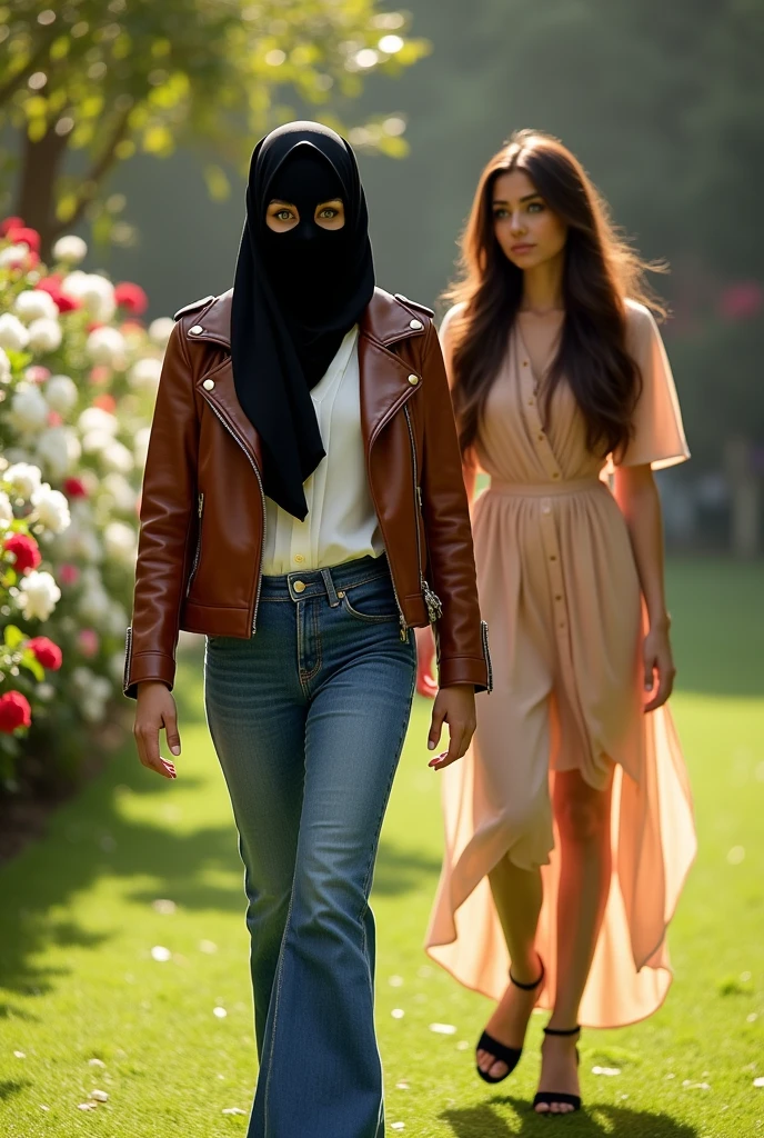 completely hidden face misterious white arabic woman wearing 2 eye holes black ski mask covering mouth and nose, without hair, black head scarf, green eyes, brown biker leather jacket, white formal button down blouse, wide leg denim pants, walking on the garden, high hill sandals, sunny day, walking hand in hand with beautiful brunette girlfriend wearing short dress