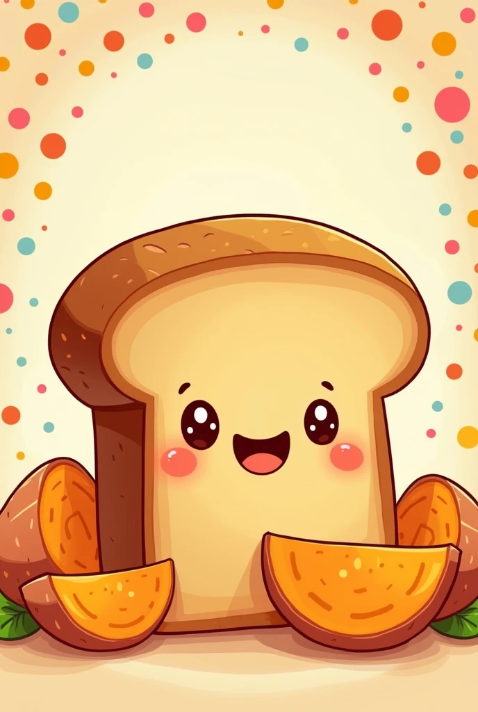 cartoon of a loaf of bread with slices of sweet potato with a smile around it with small dots like a frame