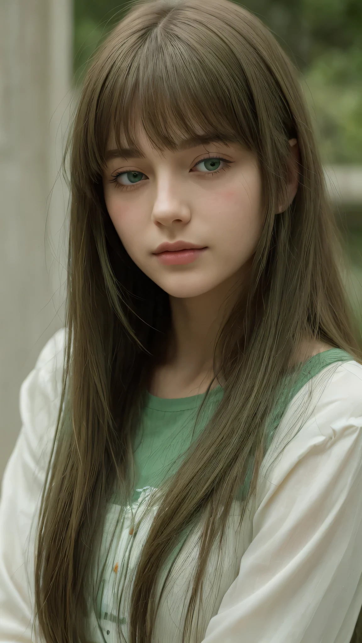 a girl. European. Extremely detailed face. Oval face. Delicate facial features. Half-closed eyes. gentle. Long straight hair. Messy hair. Bangs. Green hair. Green eyes. Shy