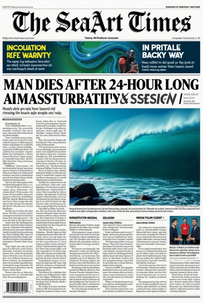 A newspaper titled (("The SeaArt Times":1.2)), and the headline reads (("MAN DIES AFTER 24":1.8)), (("HOUR LONG AI MASTURBATION SESSION":1.5))