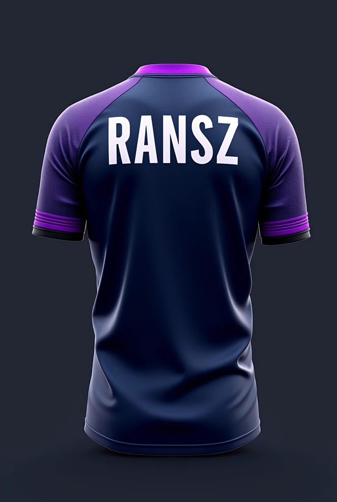 Mobile Legends Esports Team Jersey Back, Player Name "RANSZ": The name will be placed in the center of the back, with modern and bold fonts. The font color can be white or light blue., provides a clear contrast to the navy base color of the jersey.Purple Collar: The jersey collar will be purple, provides an interesting accent and adds character to the design. This purple color also blends with other motifs on the jersey., create a harmonious impression.Purple Striped Motif on Sleeves: Around the arm, there will be a purple striped motif in the shape of letters "in" the upside down. What makes this unique is that the line continues from front to back., forms a diagonal line-like pattern when viewed from the side. This creates a cool visual effect., as if the jersey has a reverse feature with dynamic slashes.Primary Colors: The back of the jersey will remain predominantly navy blue., which gives a strong and elegant impression. Purple and blue accents on the collar and sleeves provide a modern and stylish touch..Desain ini memastikan bahwa jersey tim inortex Elite tidak hanya terlihat profesional, but also unique and full of character. All these details are designed to create a strong impression on and off the field.