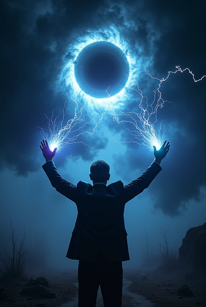 Make Andrés Manuel López Obrador raise his hands while making energy coming out of his hands and looking at the dark sky with a cosmic dark eye, around the eyes there is black smoke 
