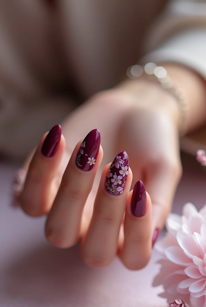 Aesthetic nails in wine color in almond shape with a Talavera poblana design in lilac color