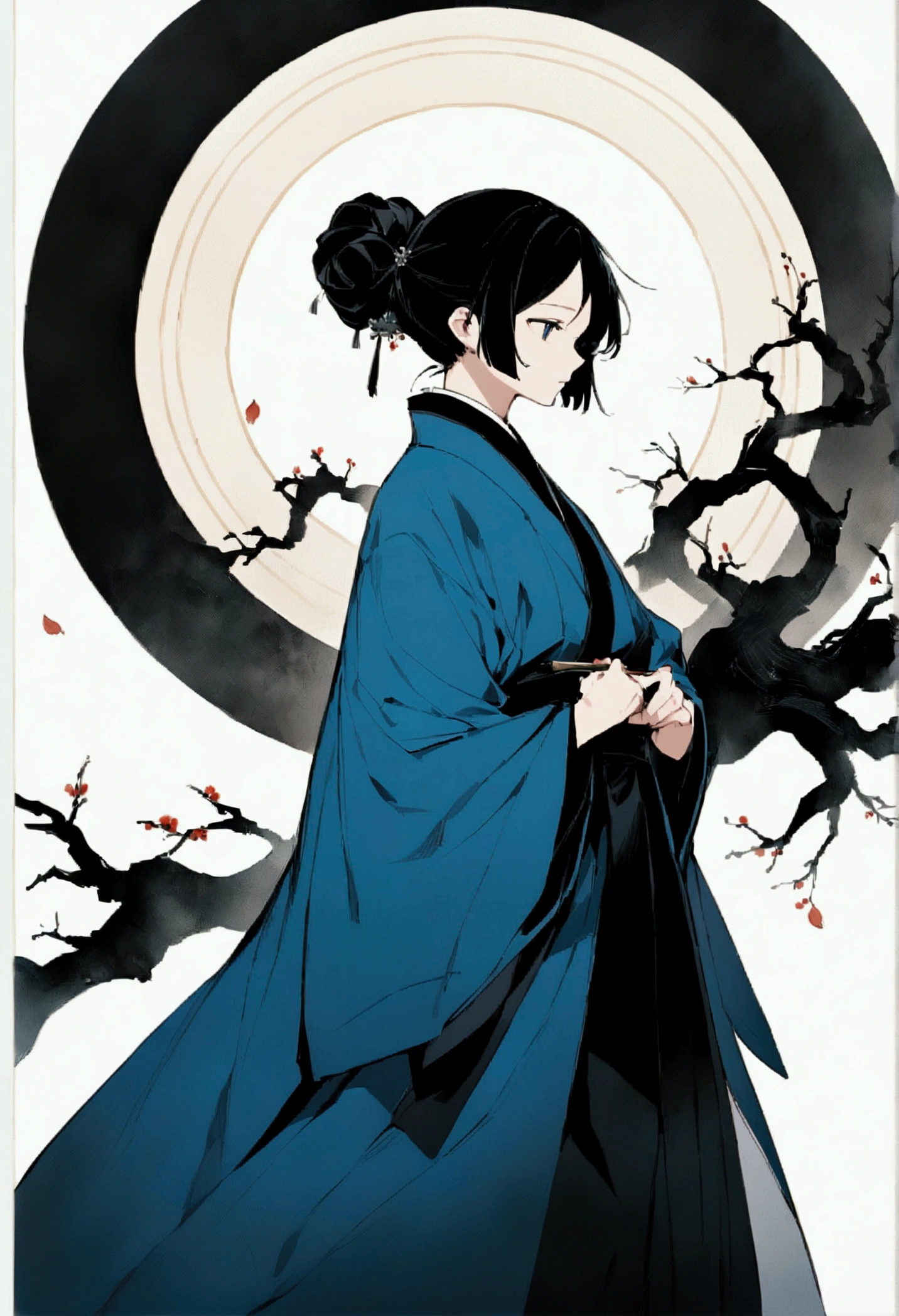 芸術的なInk Painting,立体的なInk Painting,Minimalism,Minimalist Graphic Art,Anime,whole body,Chinese style,Ancient,Ink Painting,Blue Robe,Long black hair,Black and white background,古韵blank,blank,大面积blank,Texture Matte,Low saturation,Minimalist Composition,Master Composer