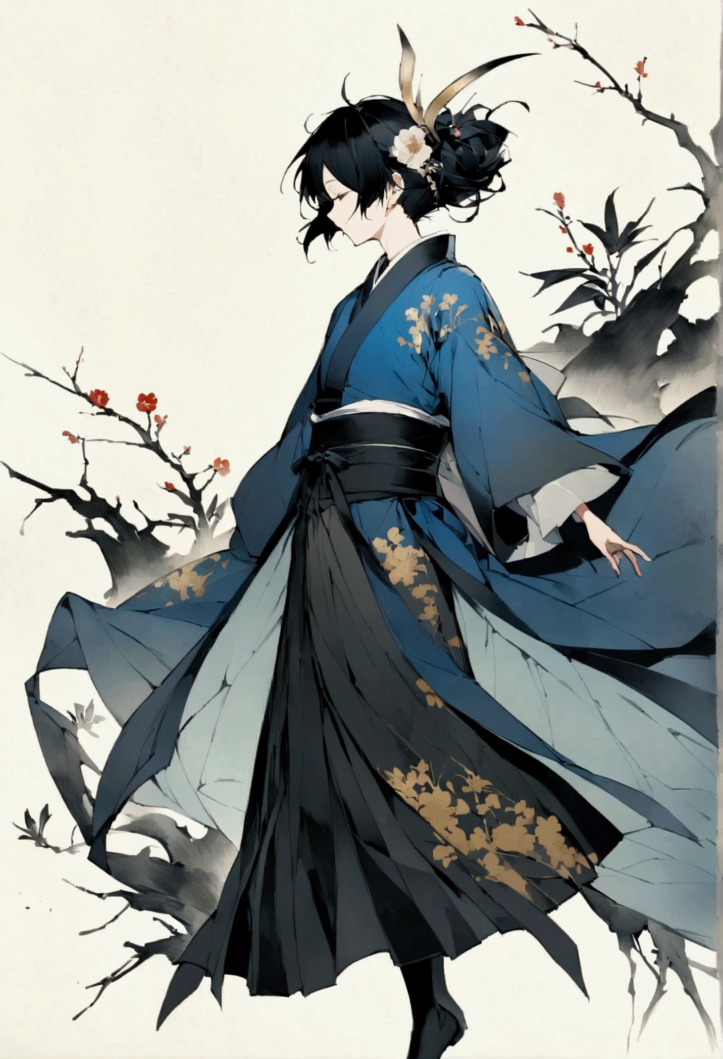 芸術的なInk Painting，立体的なInk Painting，Minimalism，Minimalist Graphic Art，Anime，whole body，Chinese style，Ancient，Ink Painting，Blue Robe，Long black hair，Black and white background，古韵blank，blank，大面积blank，Texture Matte，Low saturation，Minimalist Composition，Master Composer