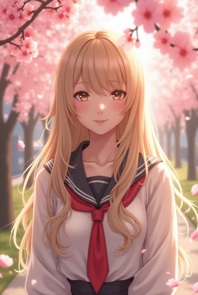 Beautiful woman with long blonde hair under the cherry blossoms, Japanese woman, idol, sailor suit