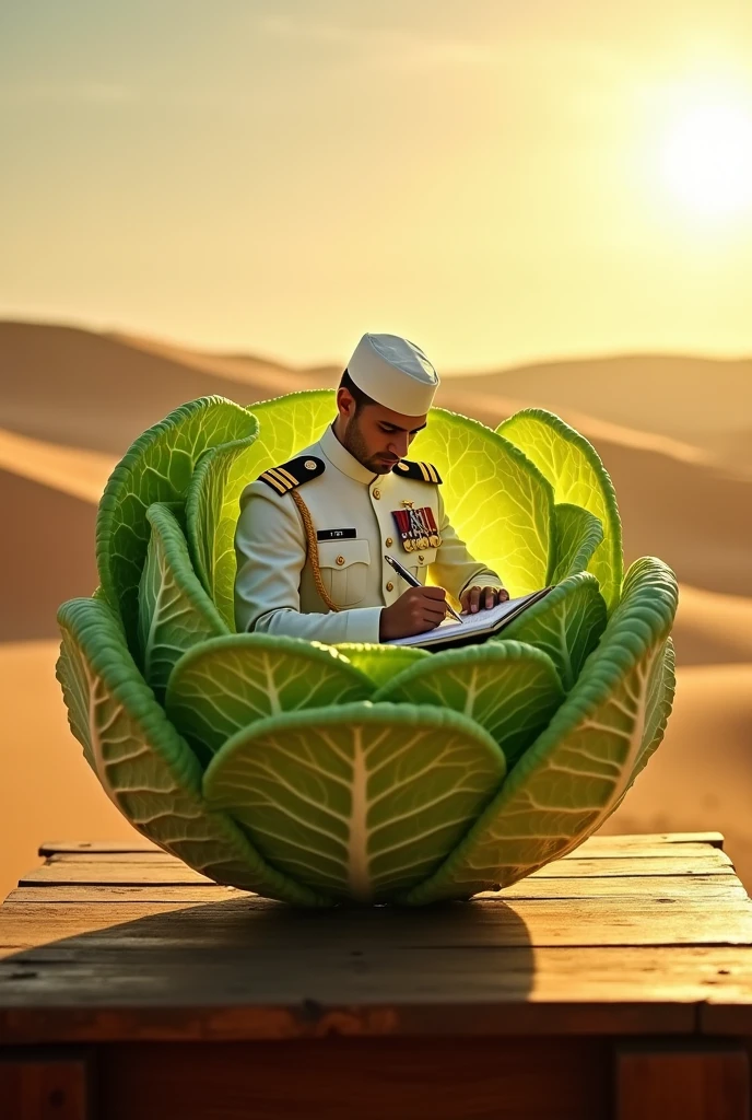 A green cabbage is kept on a table for a day or two. There is a desert behind it and Allah is writing from inside this cabbage. A very good officer is writing inside it. Make a good image inside the cabbage and show it.