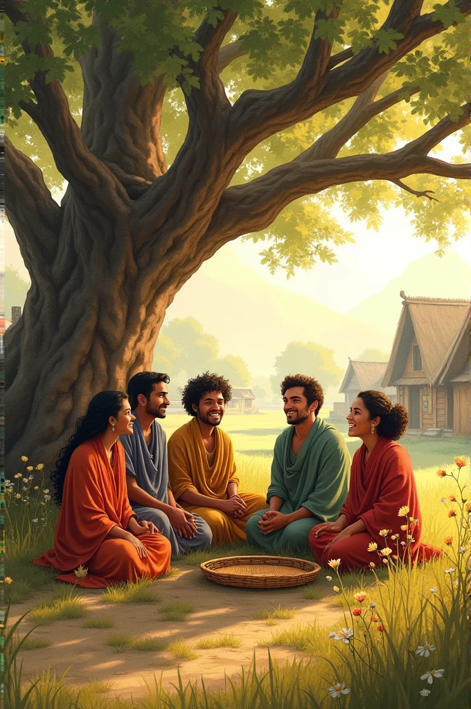 Villagers sitting beside tree and discussing