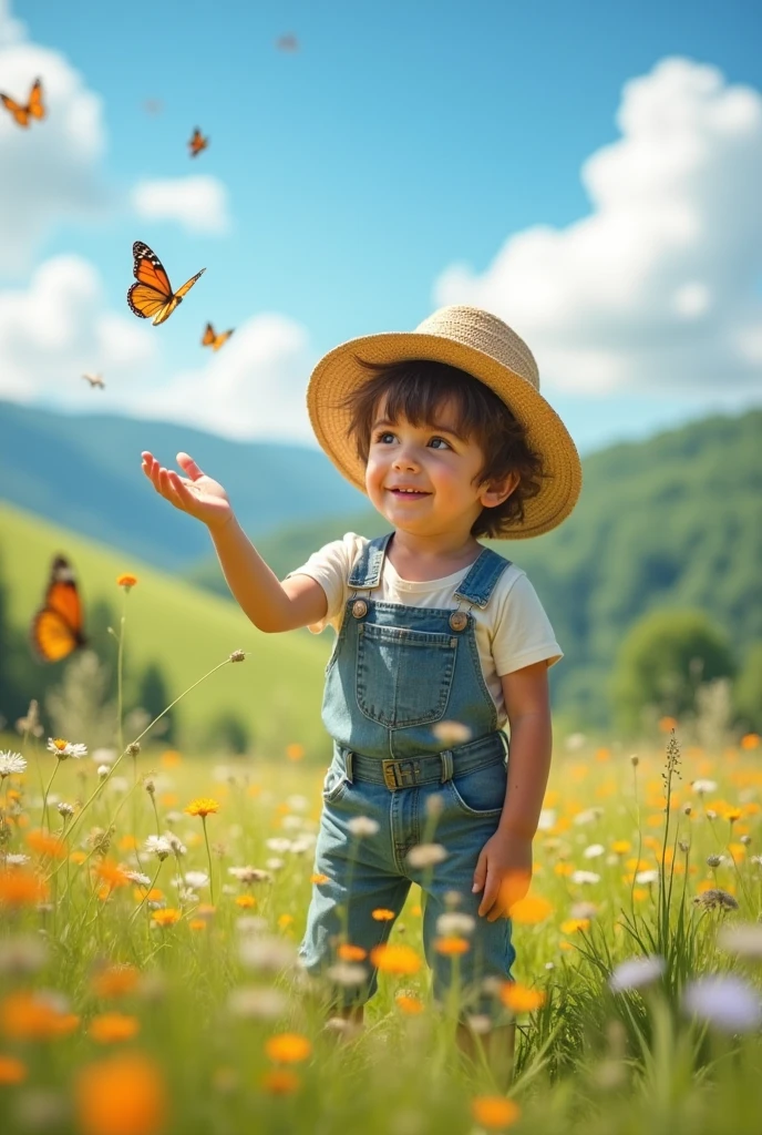 Boy wearing straw hat with hand reaching out