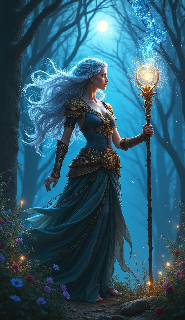 comic art  ((larry elmore style)), dnd art, rpg art, realistic art, female human druid of the stars, guardian of nature, controlling magical energy made of stars, swirling blue stary magical light, divine symbols (1.5 intricate details, Masterpiece, best quality), human female,  extremally beautiful, ultra feminine, dynamic hair, dynamic hair color, wearing leather armor, holding a staff, moon light, stars,  dynamic natural background,  RPG art, magical atmosphere magic-fantasy-forest, high details, best quality, 16k, [ultra detailed], masterpiece, best quality, (extremely detailed), dynamic angle, ultra wide shot, photorealistic, ((fantasy art)) ultra best realistic, best details, best quality, 16k, [ultra detailed], masterpiece, best quality, (extremely detailed), ultra wide shot, photorealism, depth of field, hyper realistic painting, 3D rendering