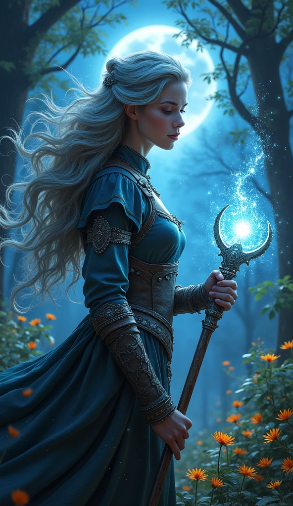 comic art  ((larry elmore style)), dnd art, rpg art, realistic art, female human druid of the stars, guardian of nature, controlling magical energy made of stars, swirling blue stary magical light, divine symbols (1.5 intricate details, Masterpiece, best quality), human female,  extremally beautiful, ultra feminine, dynamic hair, dynamic hair color, wearing leather armor, holding a staff, moon light, stars,  dynamic natural background,  RPG art, magical atmosphere magic-fantasy-forest, high details, best quality, 16k, [ultra detailed], masterpiece, best quality, (extremely detailed), dynamic angle, ultra wide shot, photorealistic, ((fantasy art)) ultra best realistic, best details, best quality, 16k, [ultra detailed], masterpiece, best quality, (extremely detailed), ultra wide shot, photorealism, depth of field, hyper realistic painting, 3D rendering