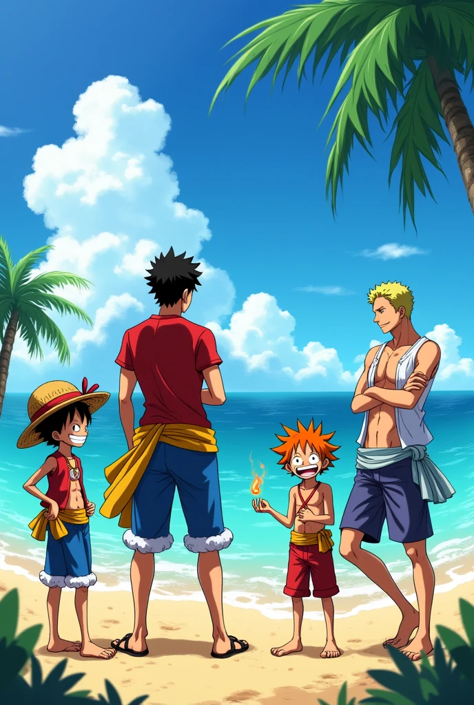 Luffy, Ace, Sabo, Zoro looking at the sky on the beach